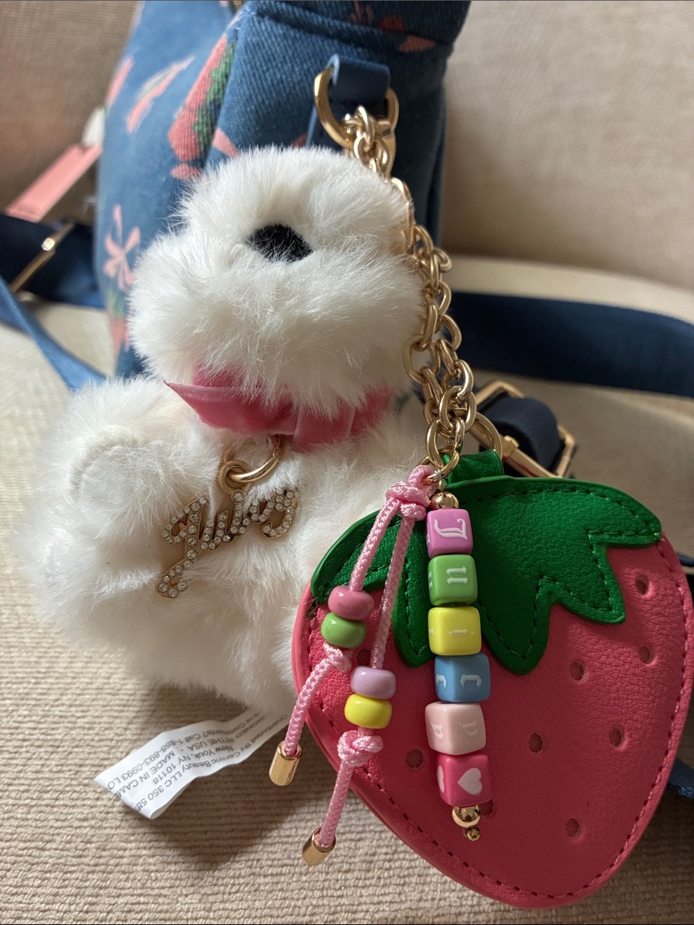 Juicy Couture Blue Denim Floral Bow Shoulder Bag with Strawberry Charm - Picture 6 of 12